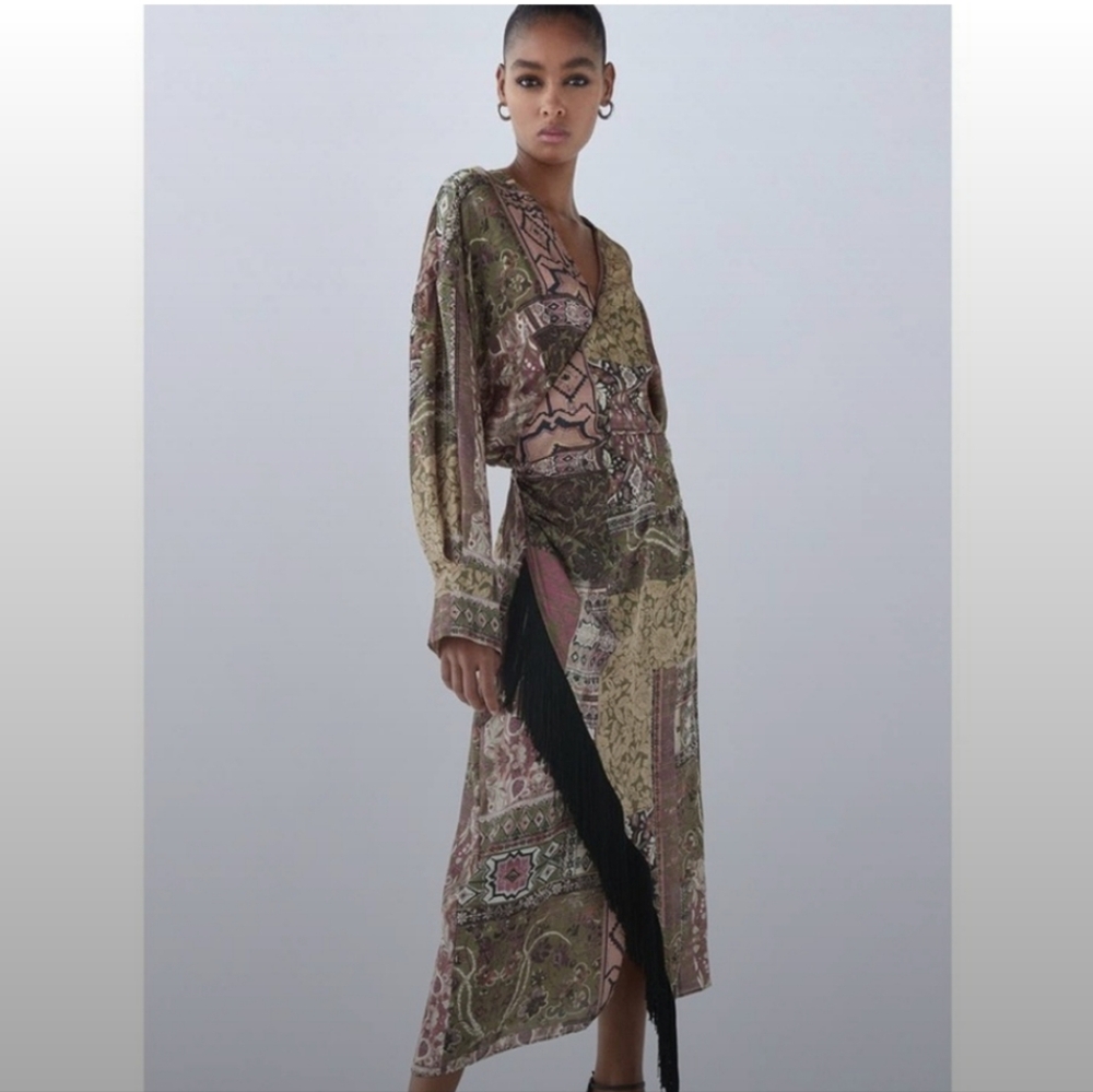 NWOT. Zara Printed Wrap Midi Dress with Fringe Detail. Size Small.